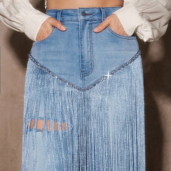 Blue Party Women's Heavy Fringe Diamond Straight Leg Jeans - Picture 6 of 7